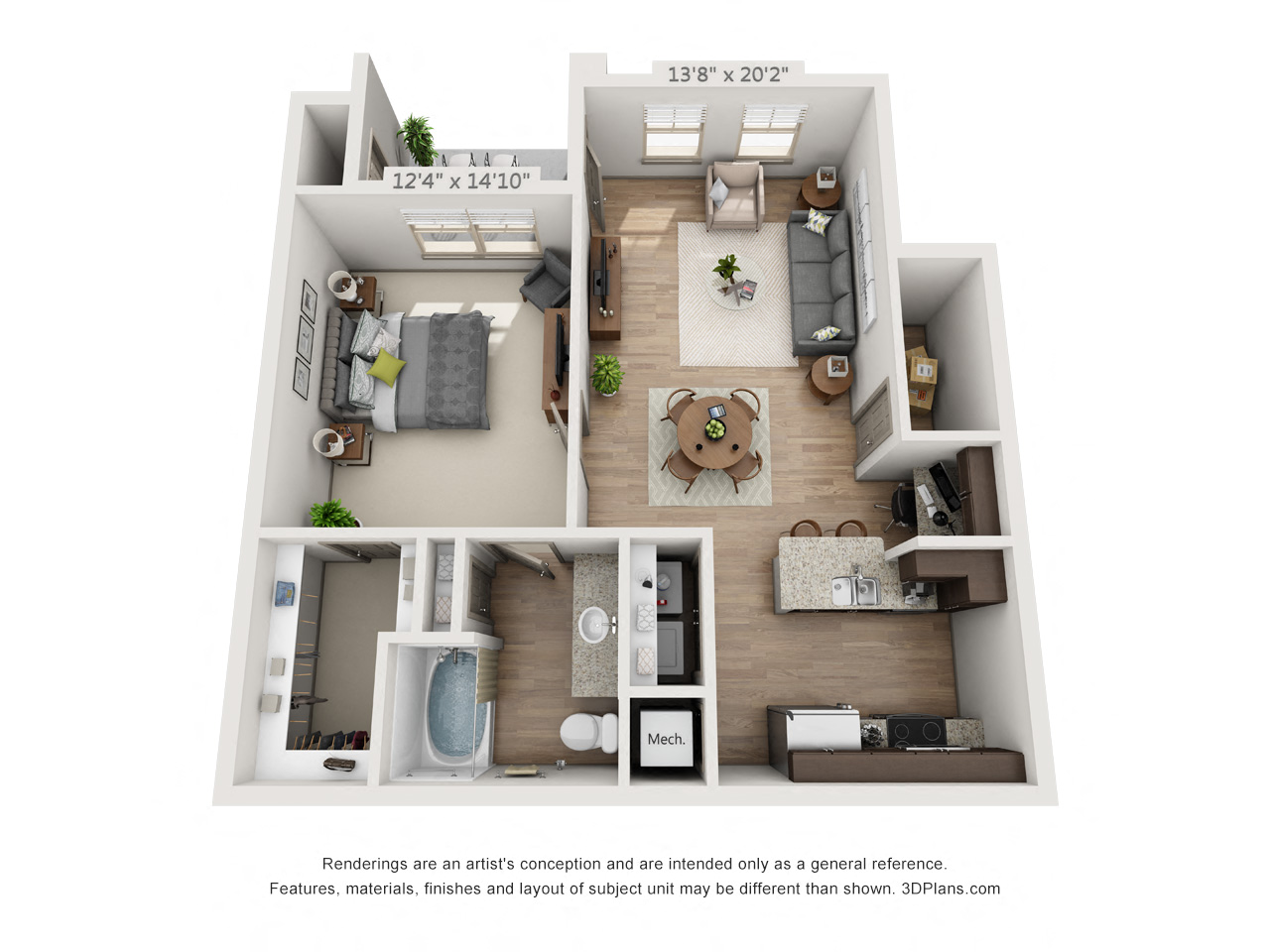 Floor plan for 1 bed, 1 bath, 850 sqft